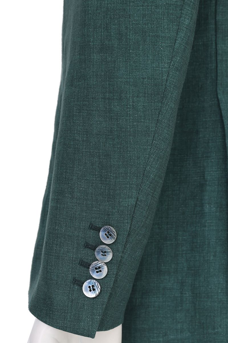 Cuff and button detail of the Fabio Pine Green Linen Sport Coat, a made-to-order men's sport coat in 100% Italian Guabello linen, tailored to your measurements and shipped nationwide by Zane.