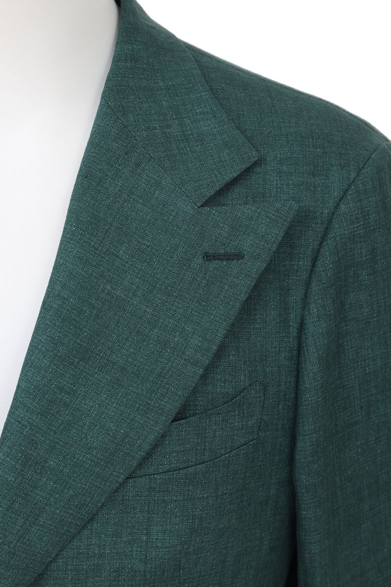 Studio portrait of the Fabio Pine Green Linen Sport Coat, a made-to-order men's notch lapel jacket in pine green 100% Italian Guabello linen, shipped nationwide by Zane.