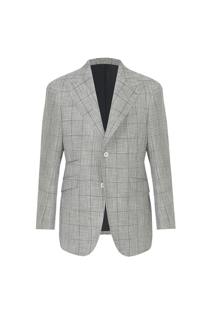 Front-facing view of the Dante Light Grey Windowpane Sport Coat, a made-to-order men's notch lapel jacket in an Italian Guabello cotton-linen-wool blend, tailored to your measurements and shipped nationwide by Zane.