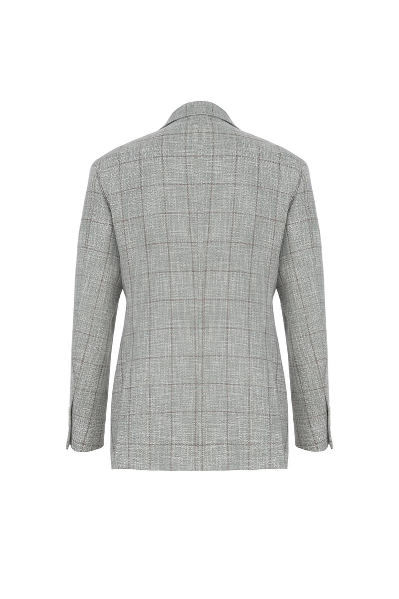 Styled look of the Dante Light Grey Windowpane Sport Coat in an Italian Guabello cotton-linen-wool blend, a made-to-order men's jacket for business and spring or summer events, shipped nationwide by Zane.