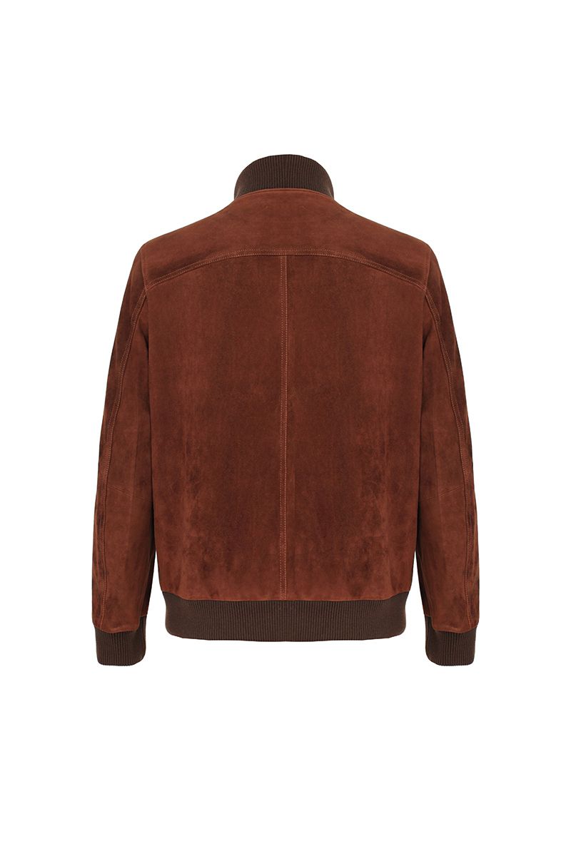Rust suede bomber jacket ribbed knit collar detail