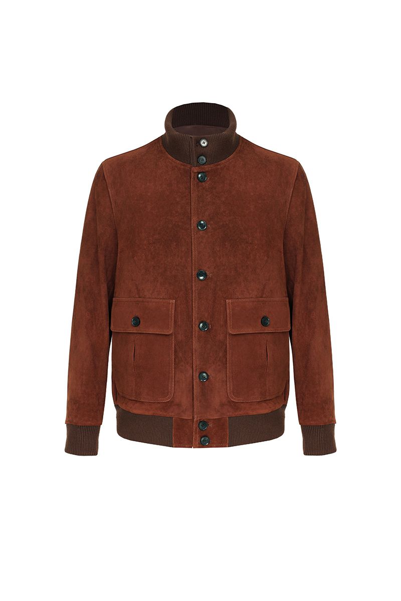 Rust suede bomber jacket, made to order by Zane, shipped nationwide