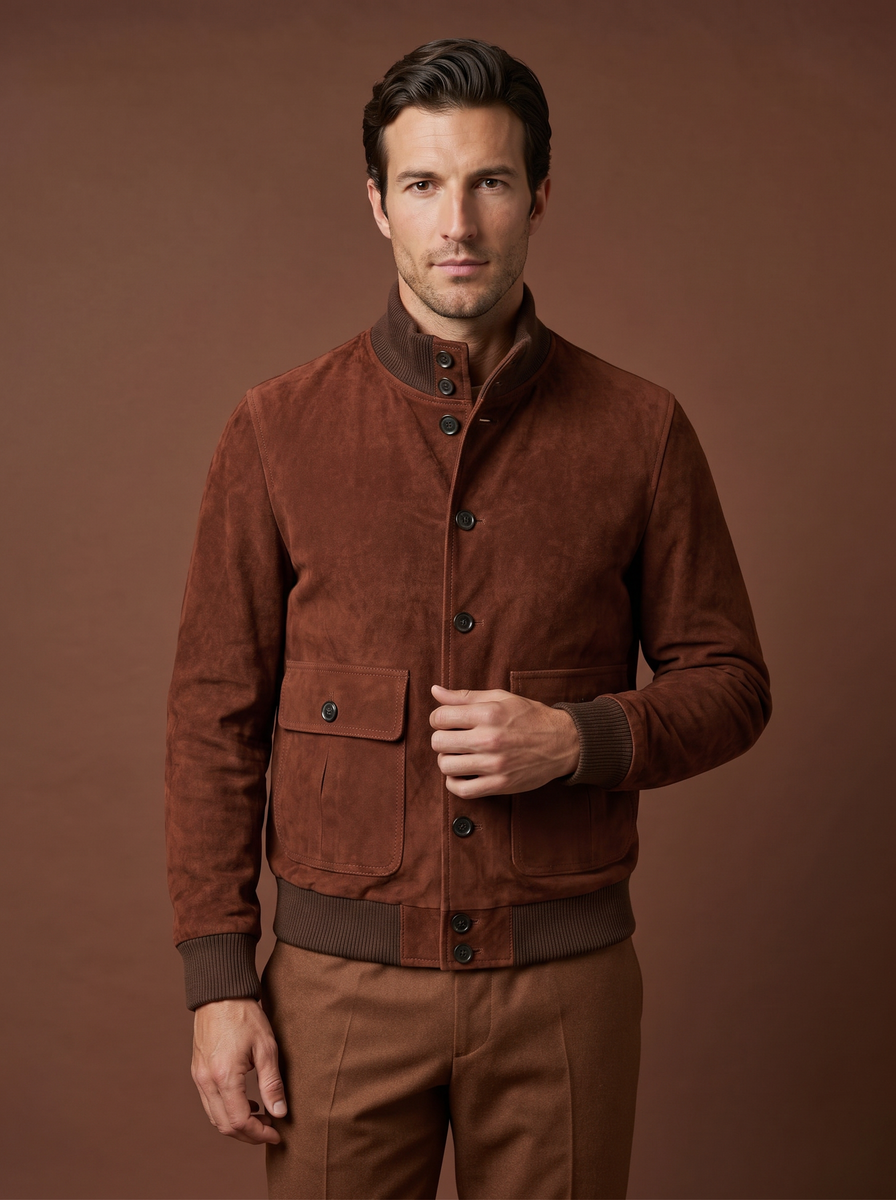 Rust suede bomber jacket styled view