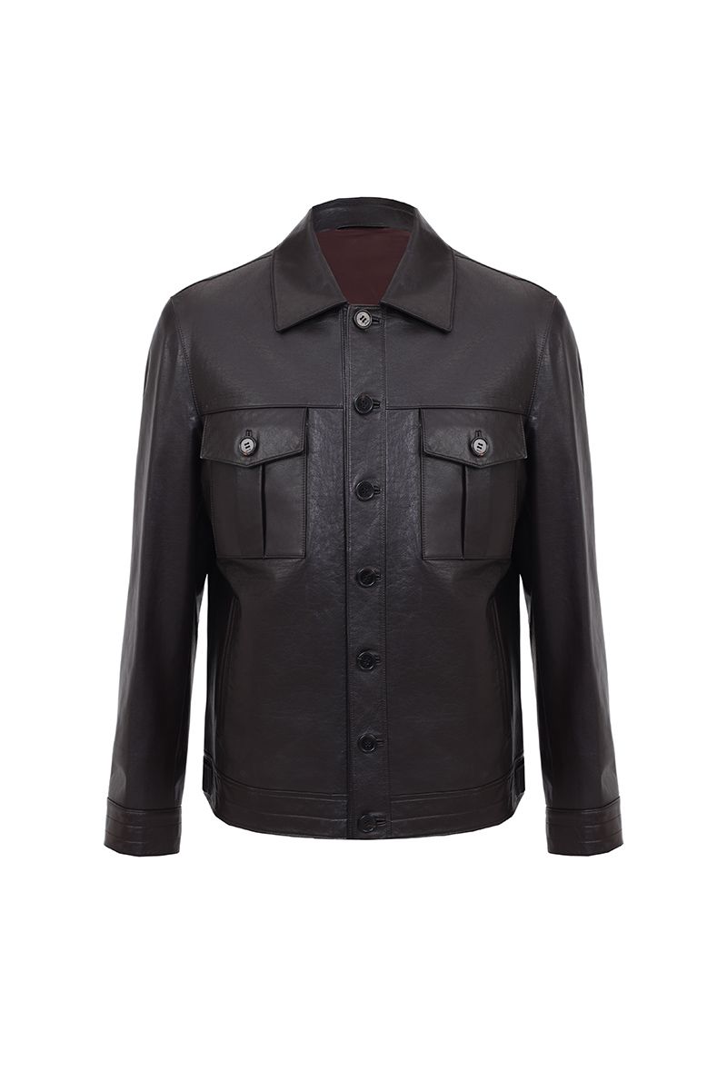 Espresso brown leather trucker jacket, made to order by Zane, shipped nationwide