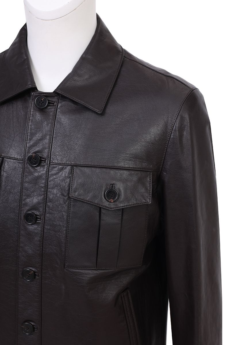 Espresso brown leather trucker jacket front view with flap chest pockets