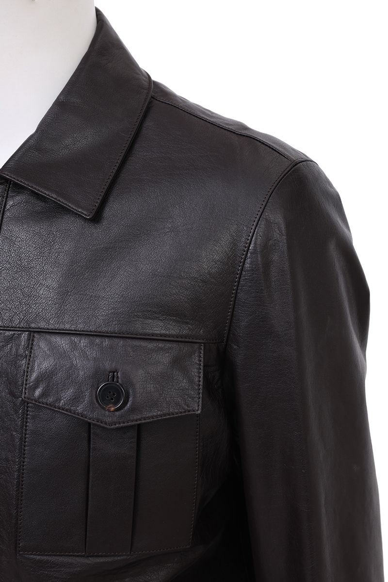 Espresso brown leather trucker jacket shoulder and sleeve detail