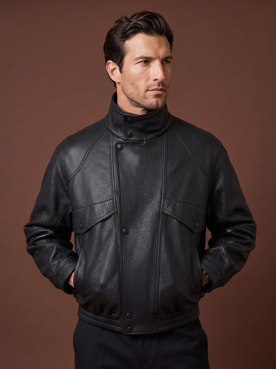 Black grained leather oversized bomber jacket front view