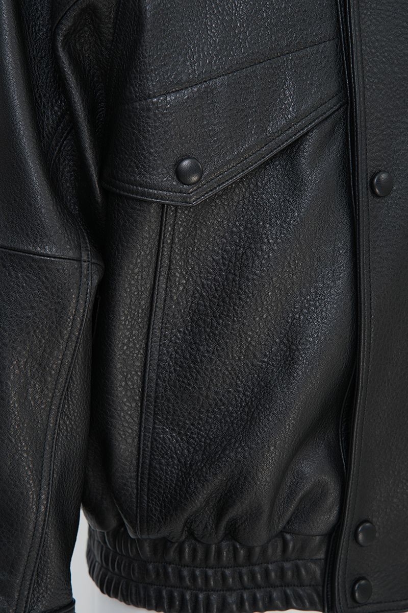 Black grained leather bomber jacket side view