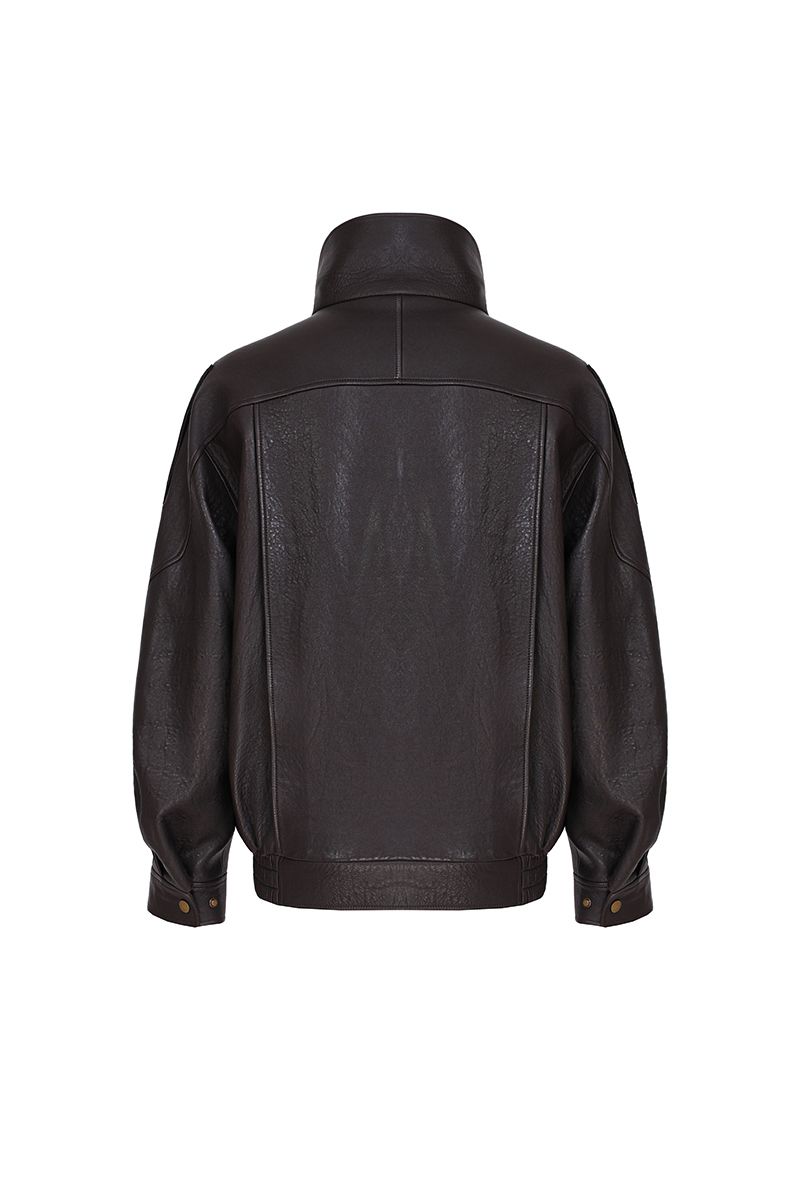 Brown leather moto jacket buckled waist belt detail
