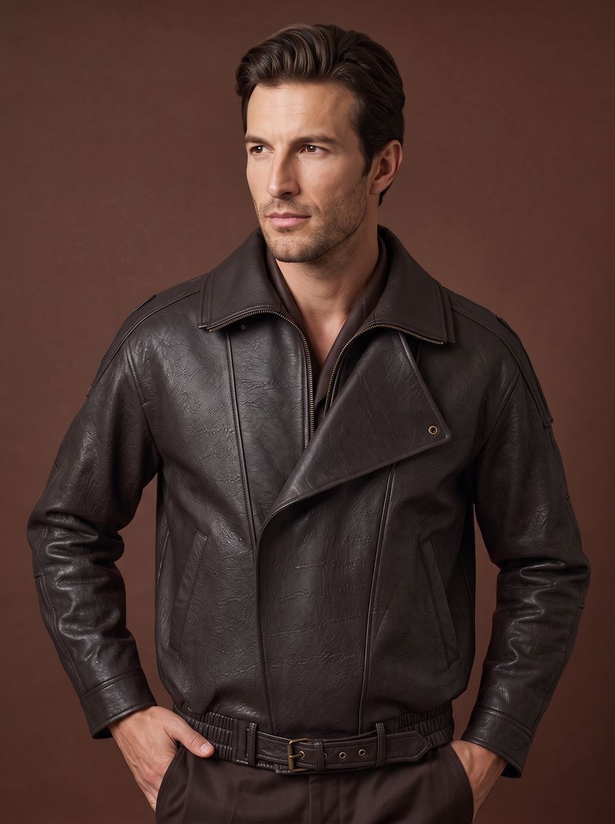 Chocolate brown leather moto jacket front view with asymmetric zip