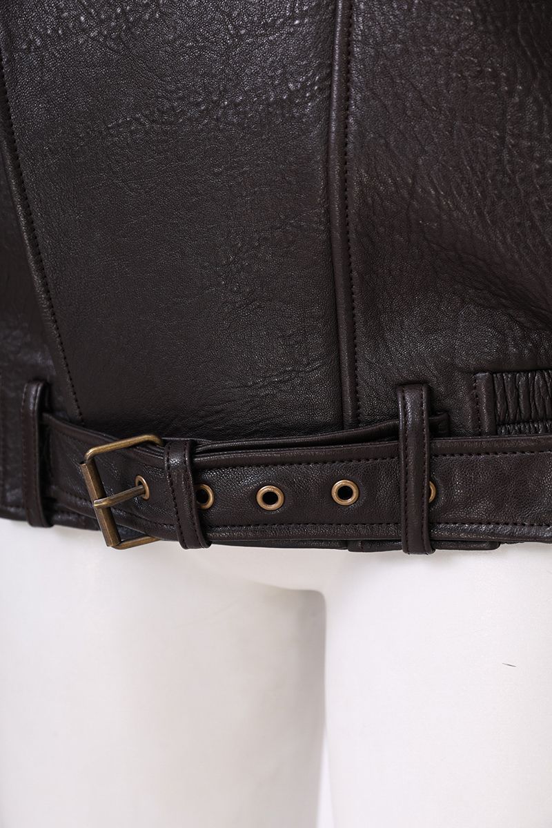 Brown leather moto jacket belt buckle close up