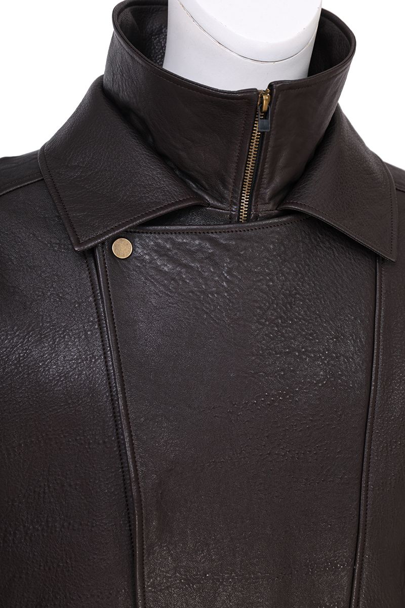 Brown leather moto jacket hem detail