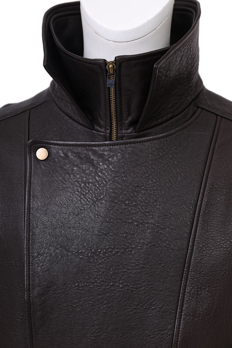 Brown leather moto jacket zip pull detail