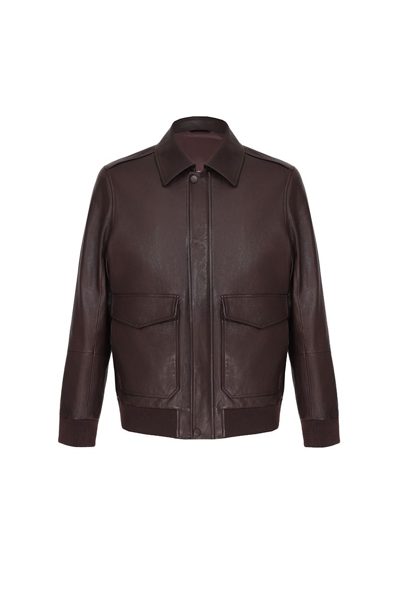 Brown leather flight jacket pointed collar detail