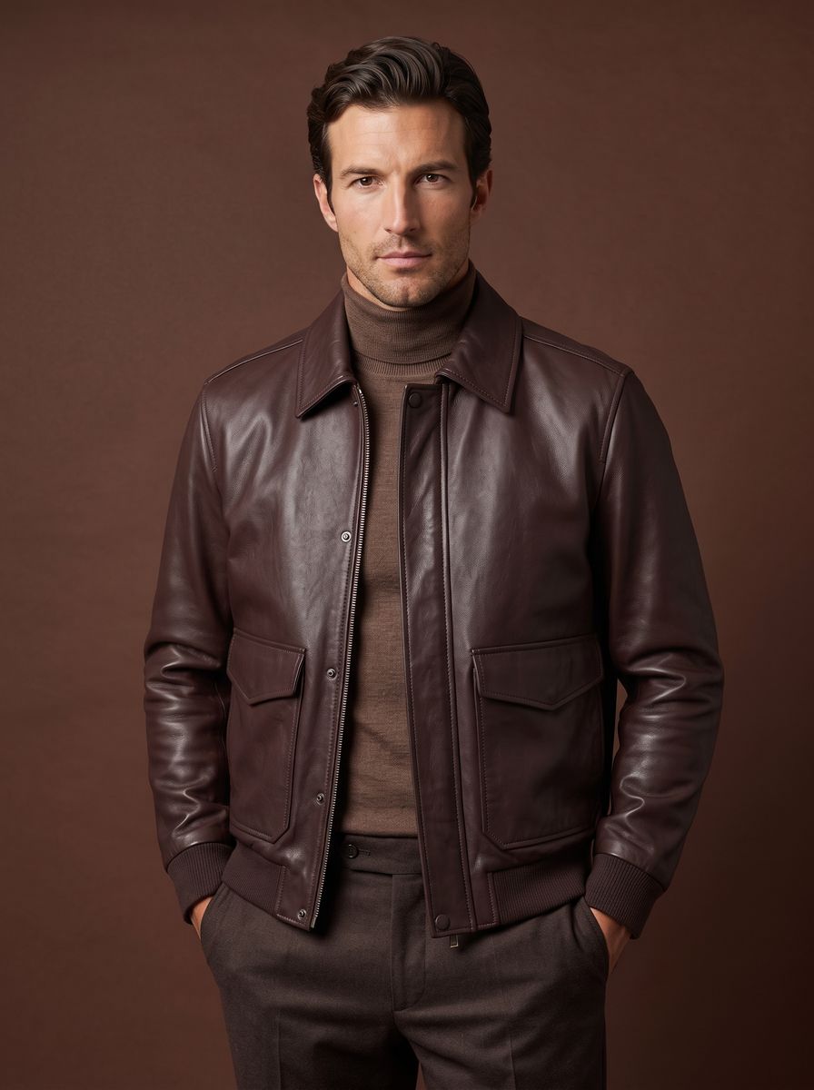 Mahogany brown leather flight jacket front view