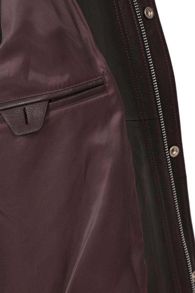 Brown leather flight jacket full length view