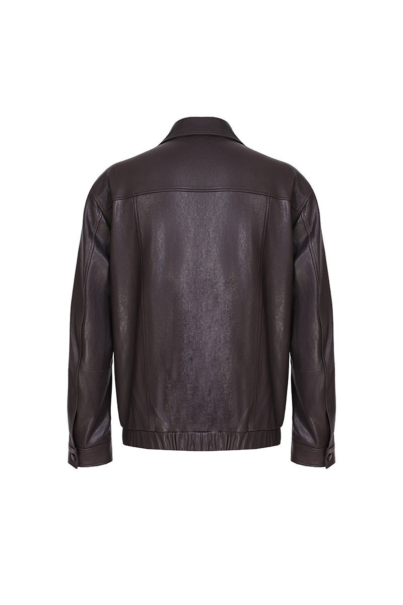 Aubergine leather blouson jacket centre zip detail