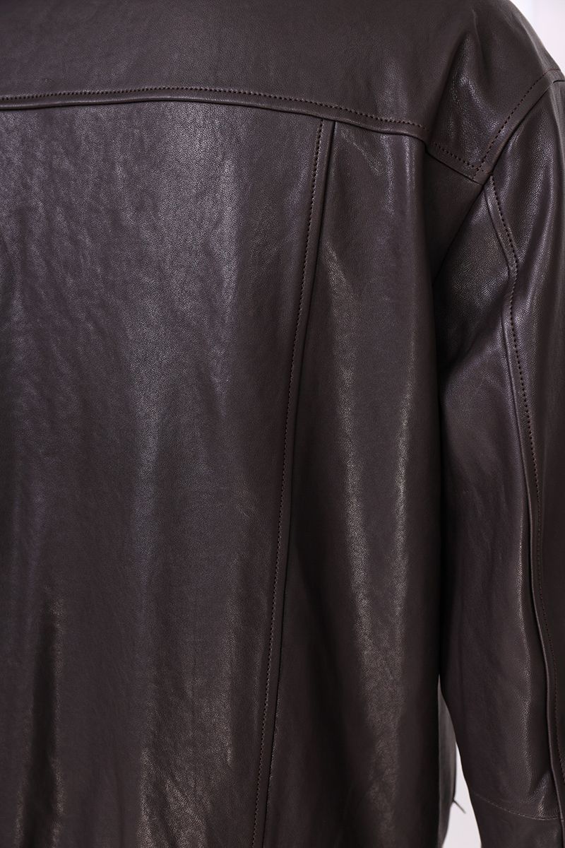 Aubergine leather blouson jacket shoulder detail