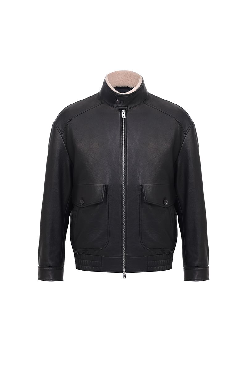 Black leather bomber jacket with shearling collar, made to order by Zane, shipped nationwide