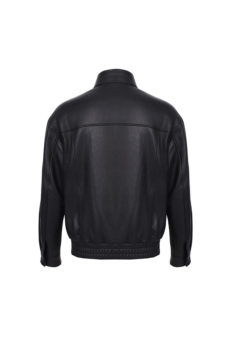 Black leather bomber jacket shearling collar detail