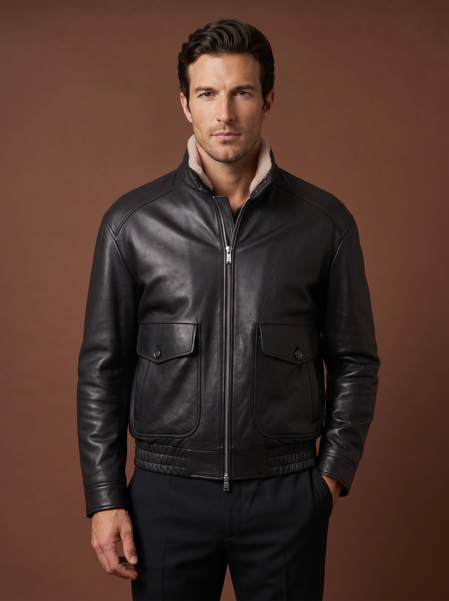 Black leather bomber jacket with shearling lined stand collar, styled view