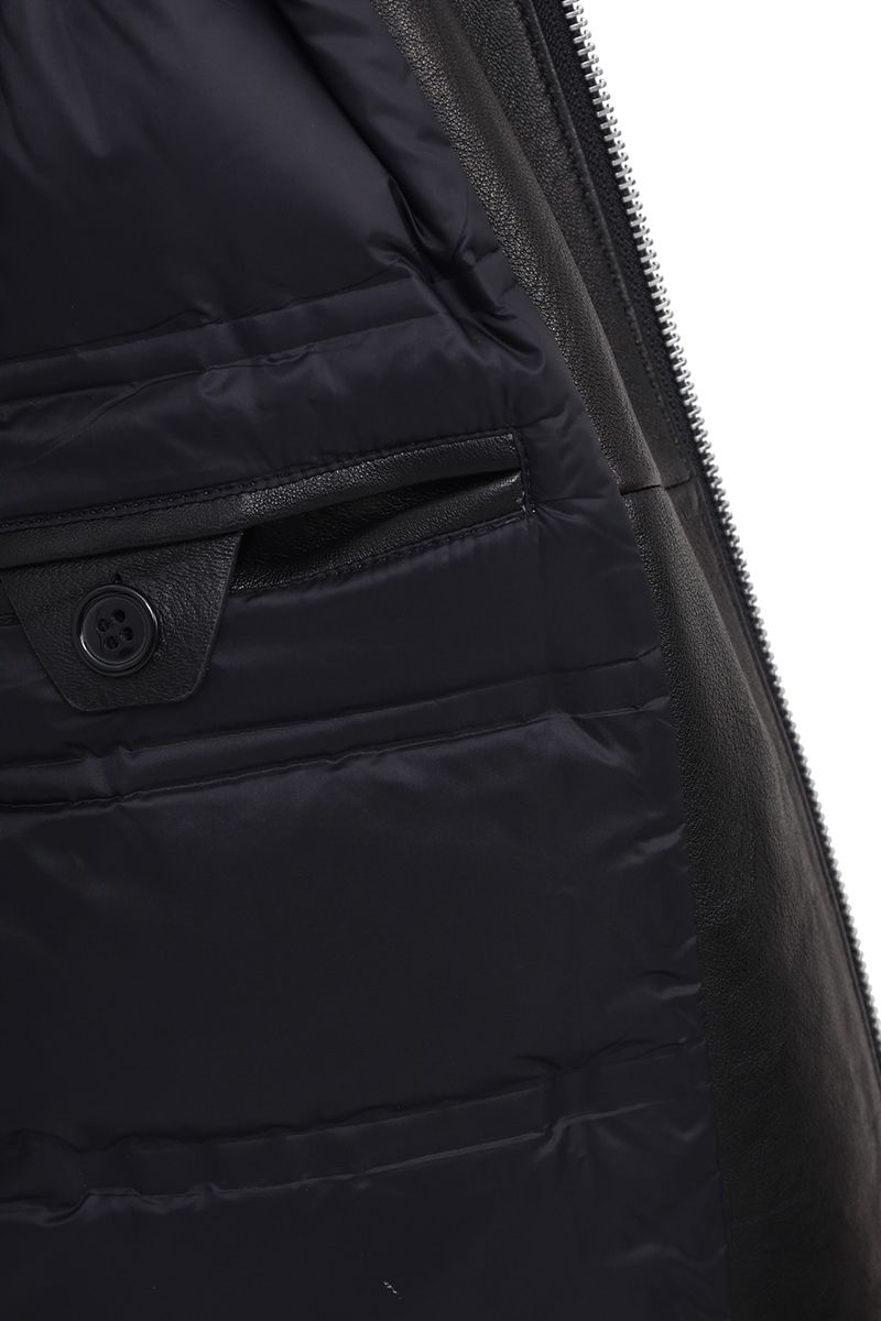 Black leather bomber jacket side view