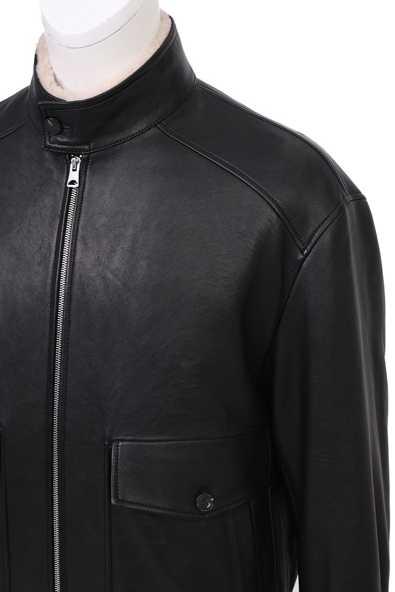 Black leather bomber jacket flap pocket detail
