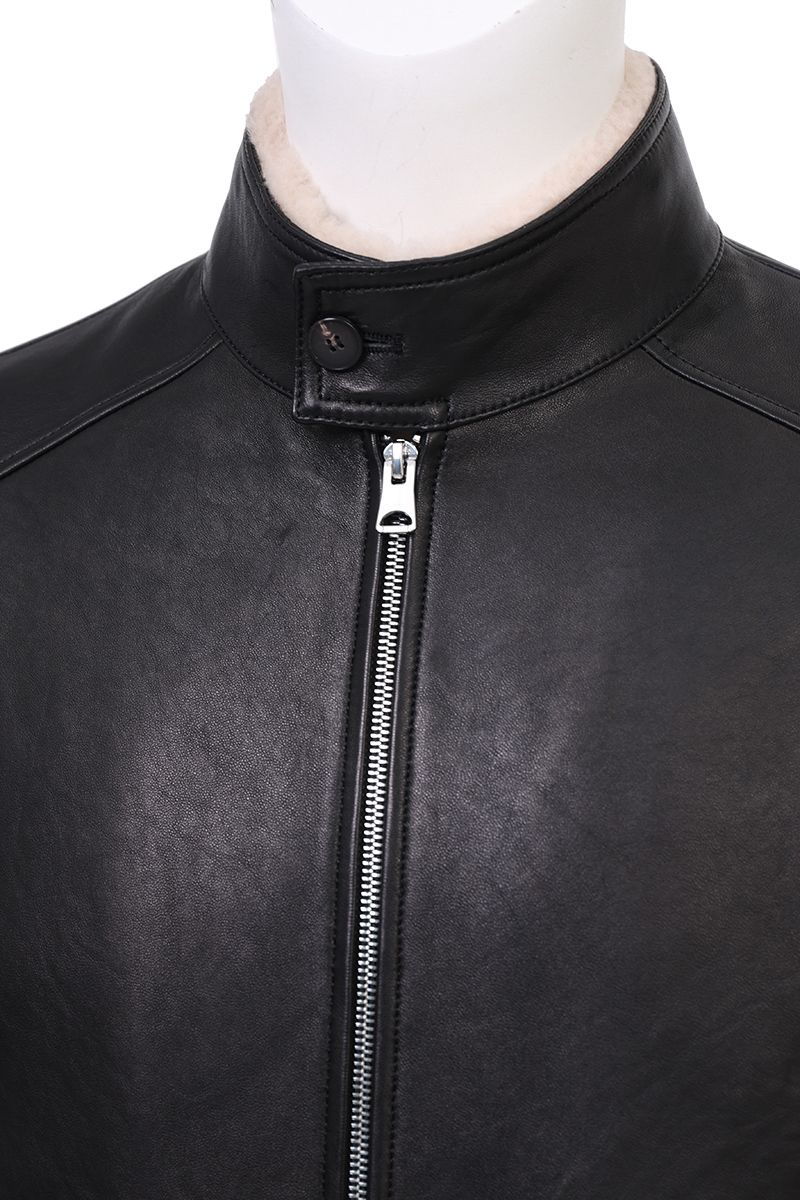 Black leather bomber jacket shoulder and sleeve detail