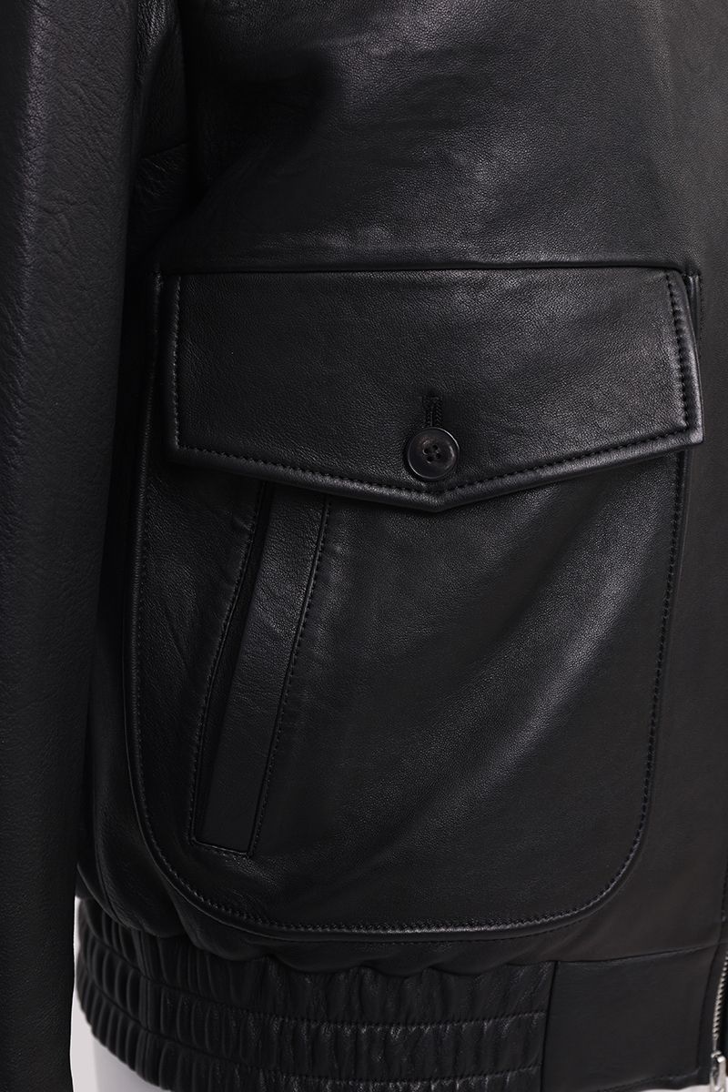 Black leather bomber jacket back view