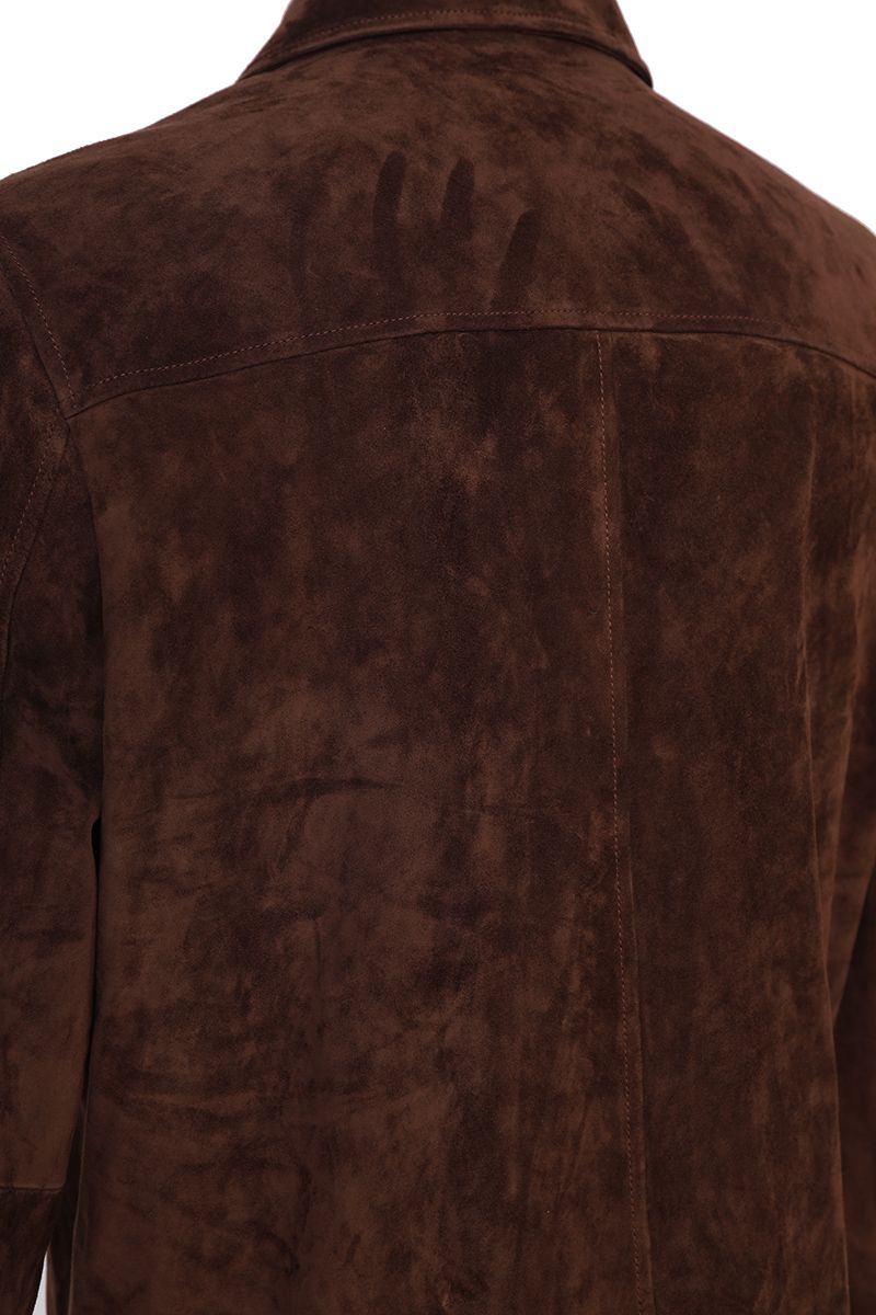 Tobacco suede trucker jacket button front detail