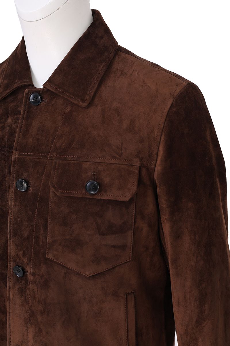 Tobacco suede trucker jacket back view