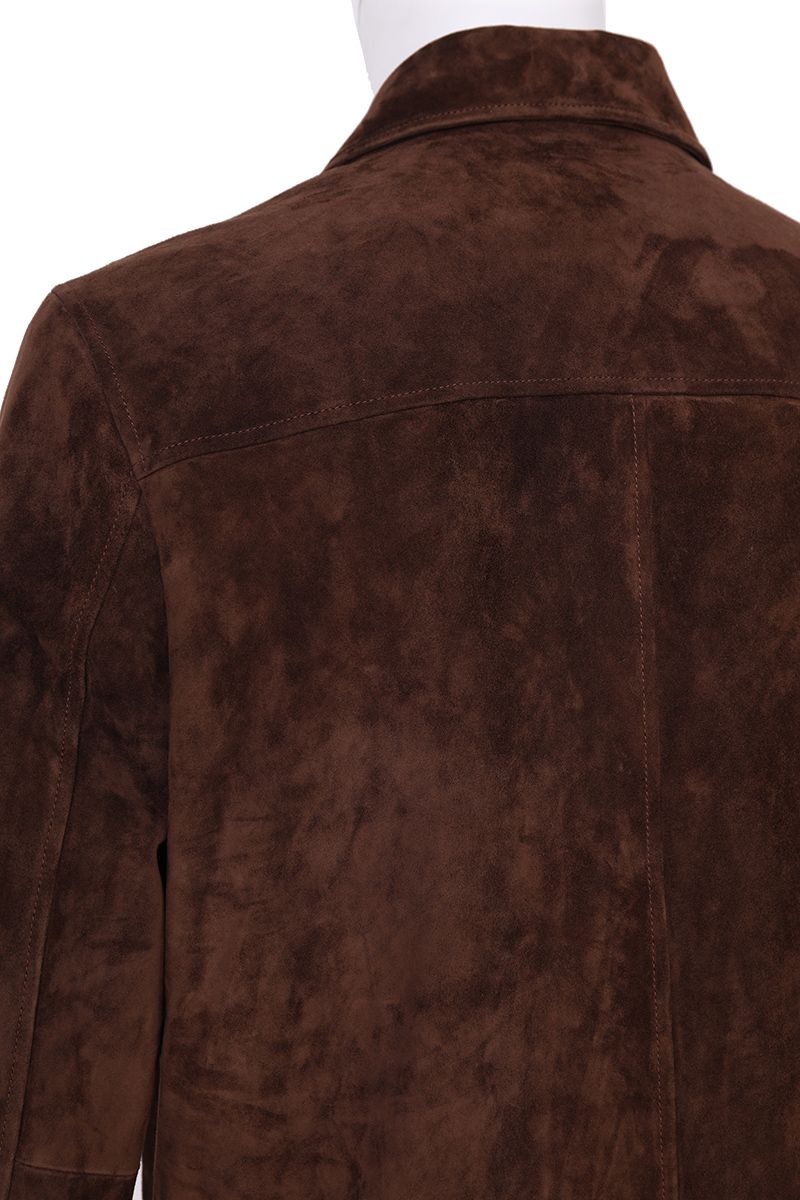 Tobacco suede trucker jacket waistband detail