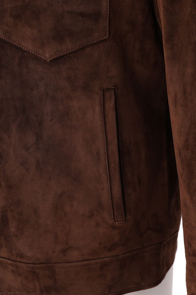 Tobacco suede trucker jacket side view
