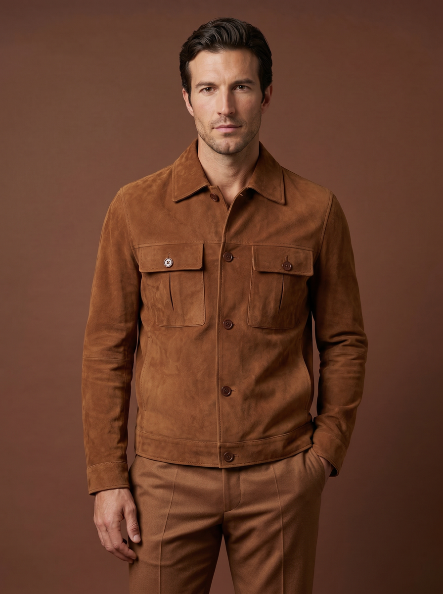 Cognac suede trucker jacket styled view