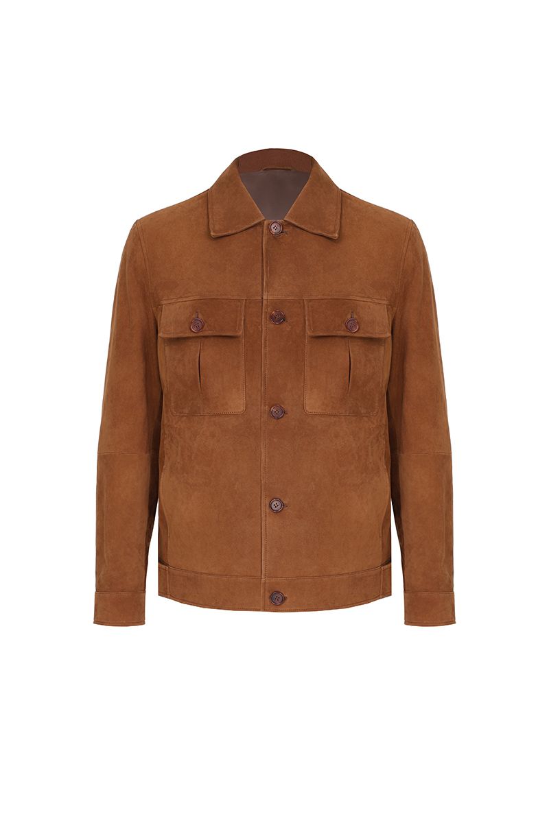 Cognac suede trucker jacket front view