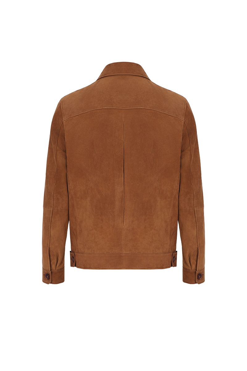 Cognac suede trucker jacket pointed collar detail