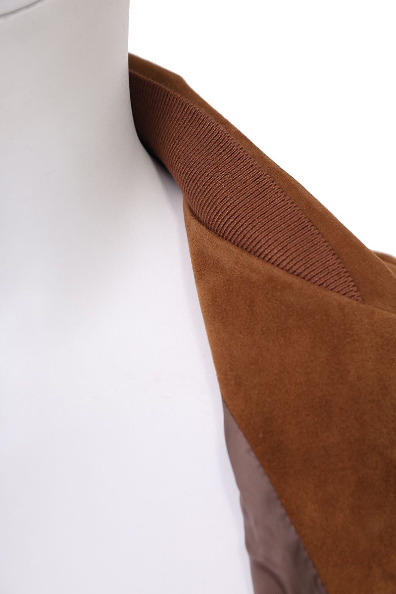 Cognac suede trucker jacket shoulder detail