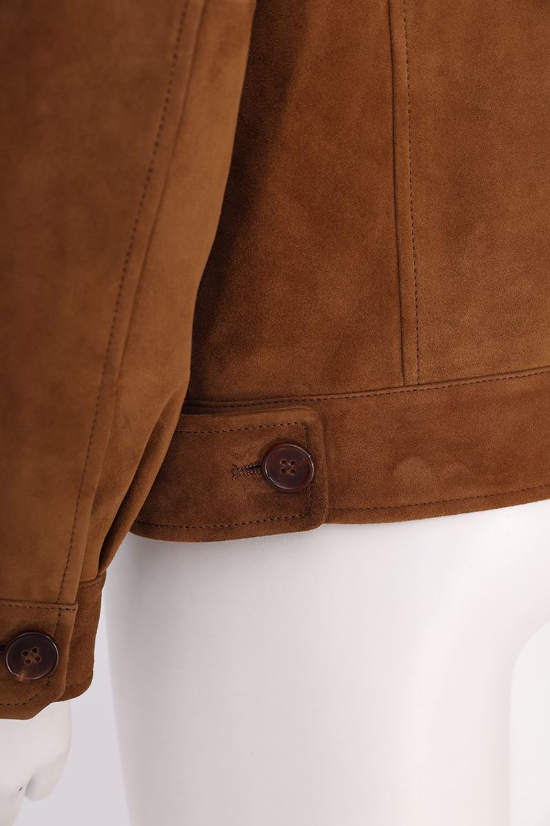 Cognac suede trucker jacket cuff detail