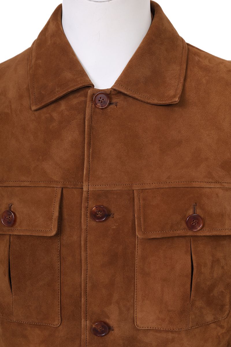 Cognac suede trucker jacket suede nap close up