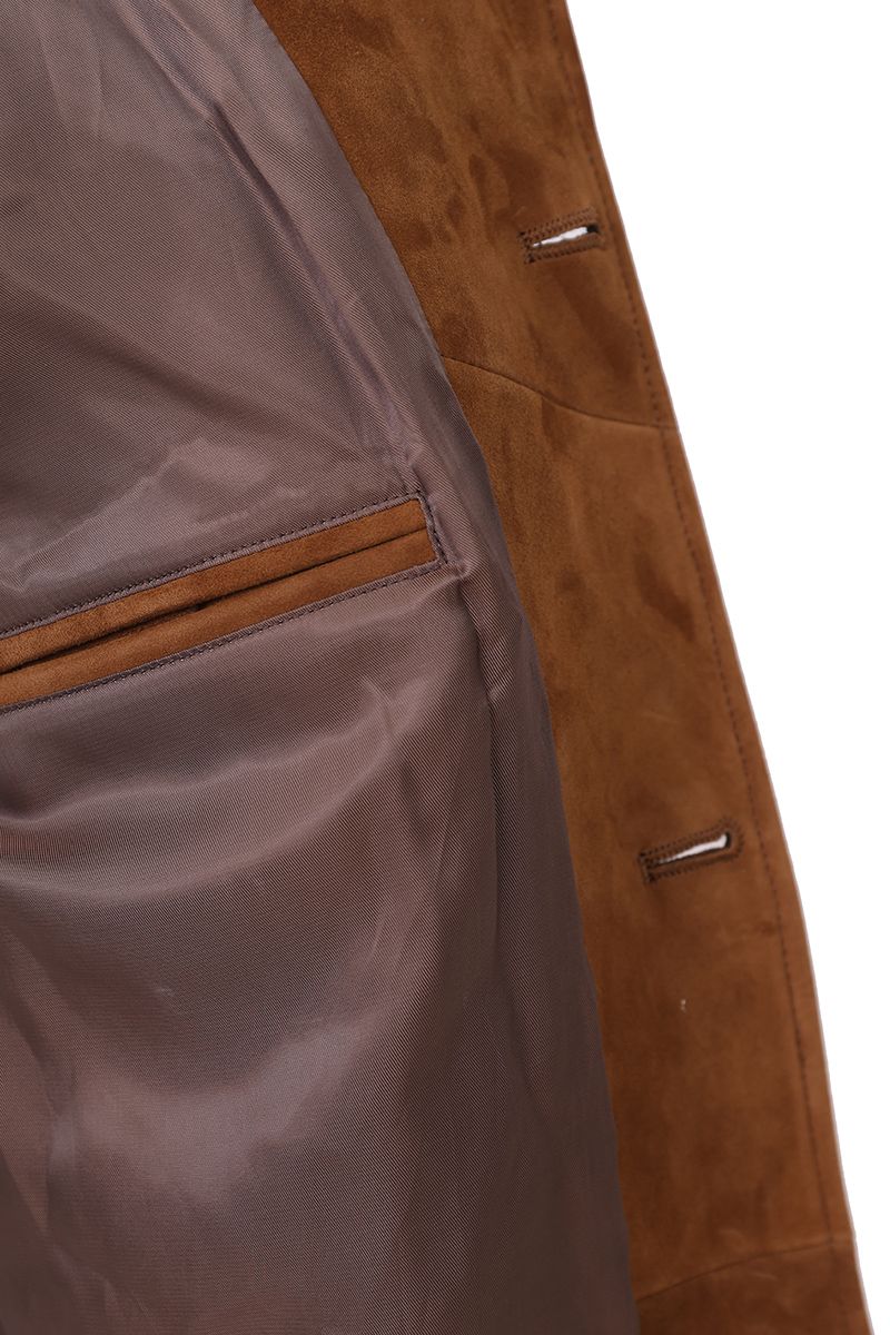 Cognac suede trucker jacket full length view