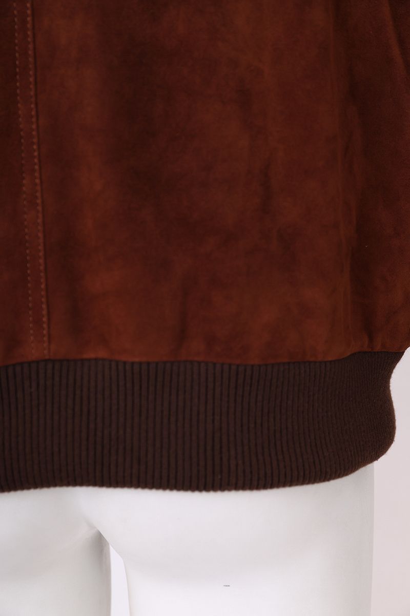 Rust suede bomber jacket ribbed hem detail