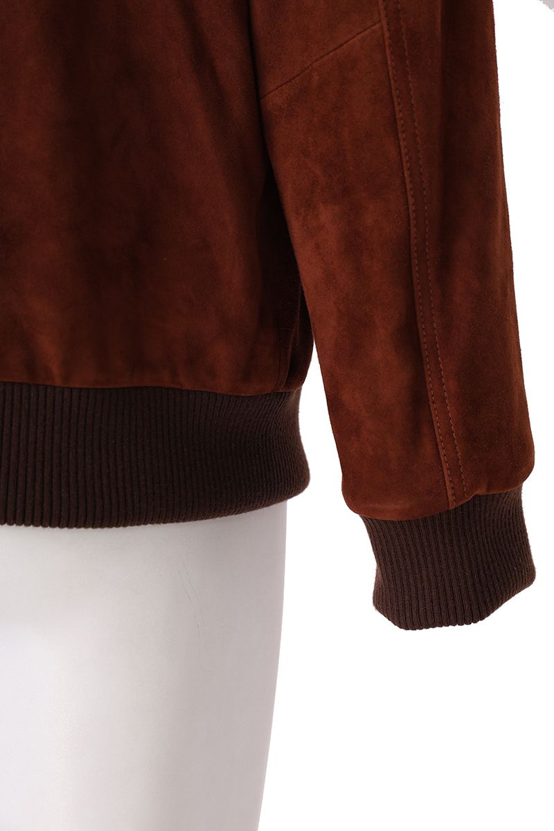 Rust suede bomber jacket button front detail