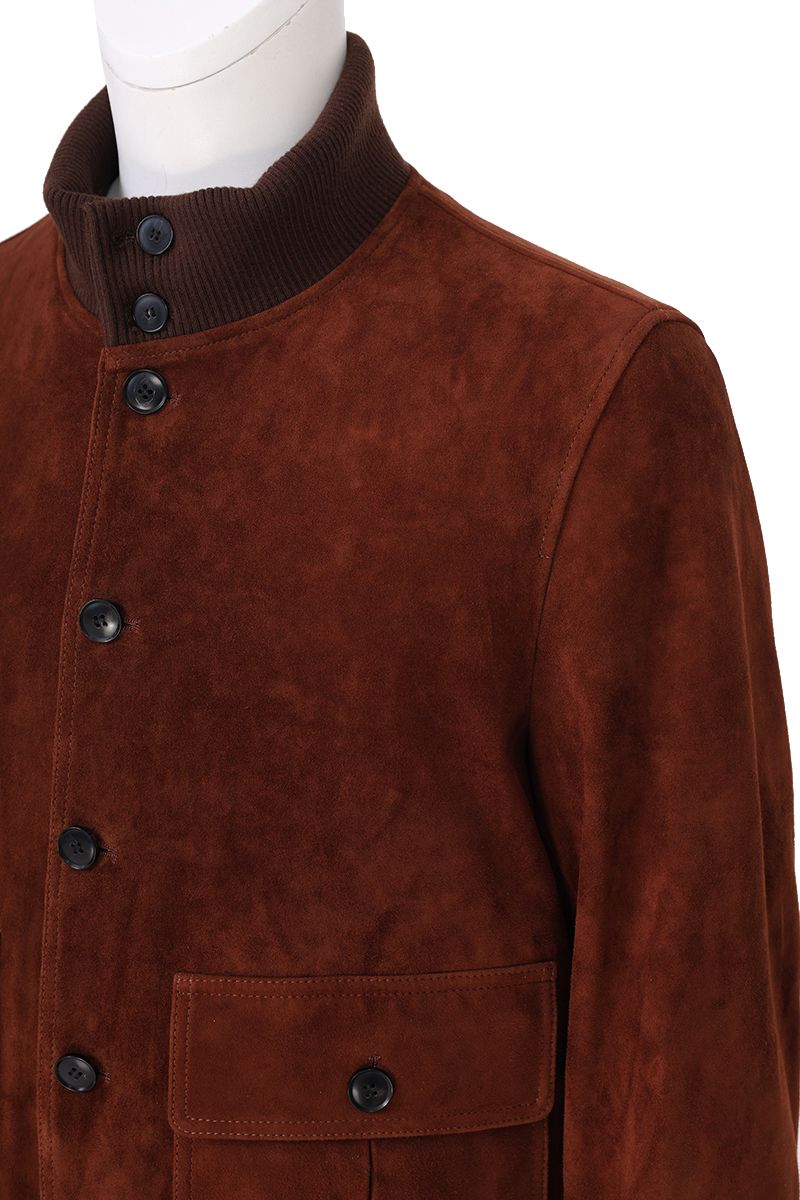 Rust suede bomber jacket side view