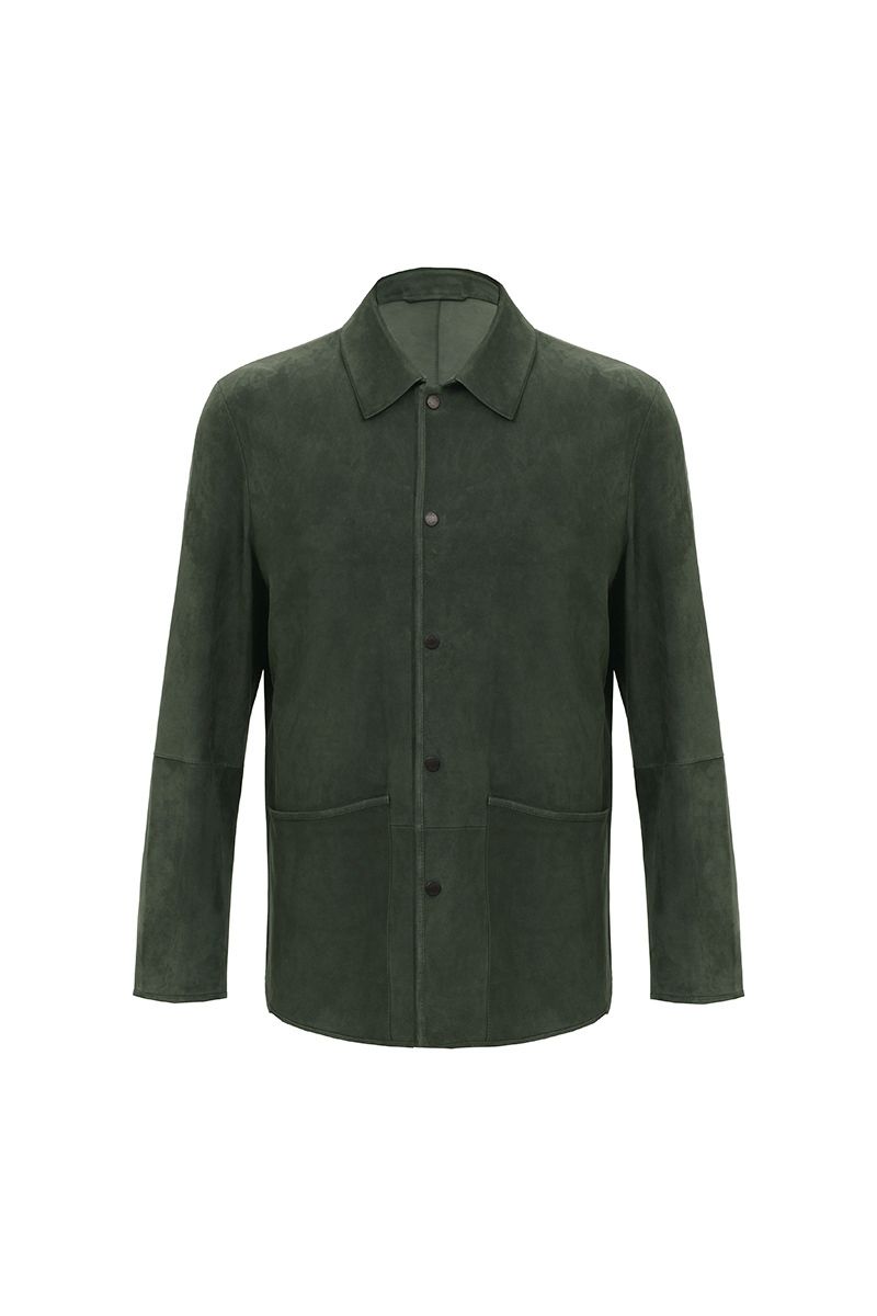 Forest green suede shirt jacket front view with button front