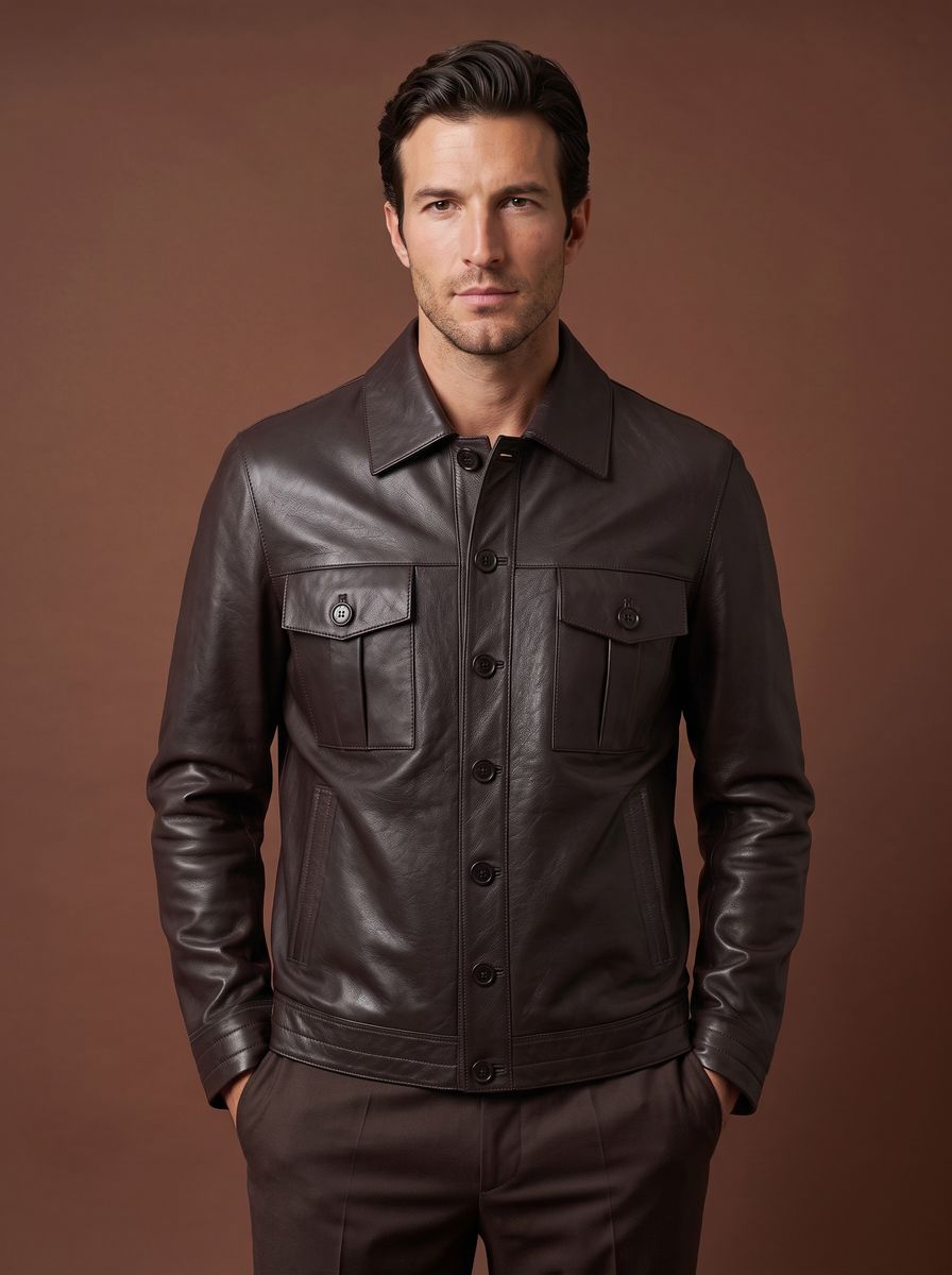 Espresso brown leather trucker jacket styled view
