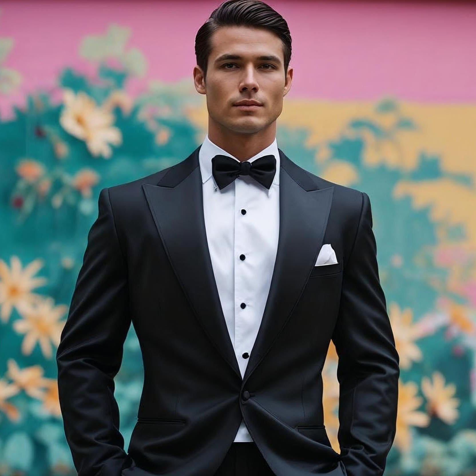 A man in a black tuxedo with satin peak lapels and a matching black bow tie, styled for formal events and weddings. He wears a white dress shirt with black buttons and a white pocket square, showcasing custom tailoring from Zane Suits in Jacksonville FL. Zane offers custom tuxedos, suits, and shirts for grooms, galas, and high-profile events with nationwide shipping and fabric personalization.
Custom black tuxedo with satin peak lapel, styled with a white dress shirt and black bow tie, designed for weddings