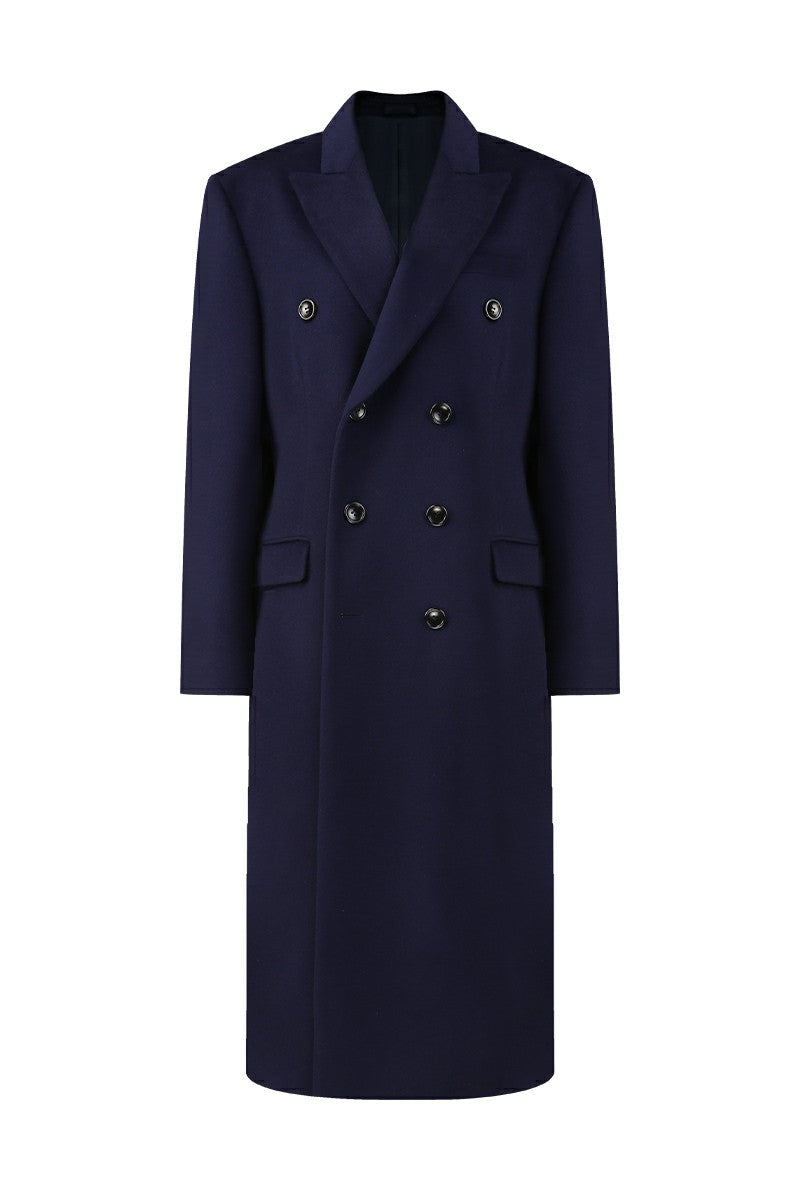 Navy blue overcoat with double-breasted design on a white background
