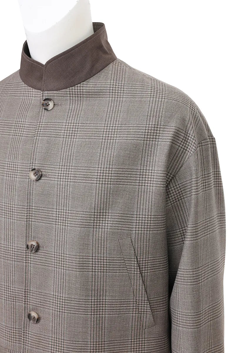 Giovanni Coffee Plaid  Italian 130s Fabric Mandarin Collar Jacket