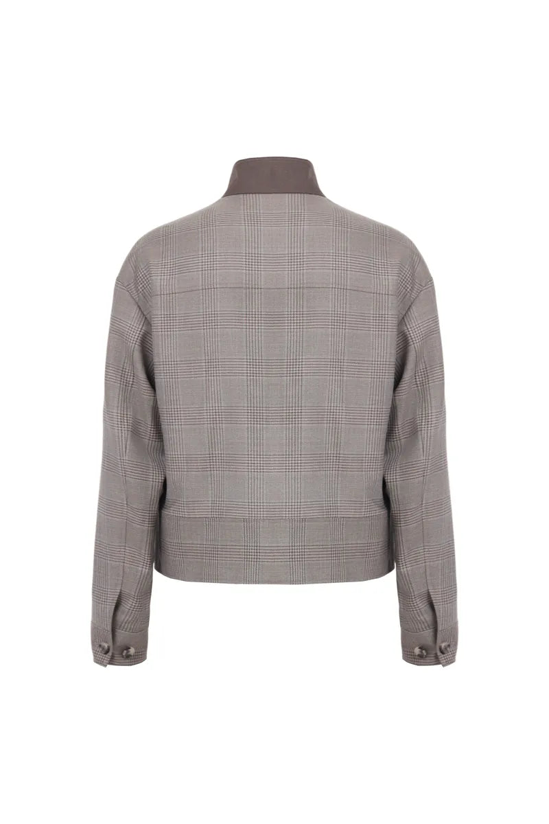 Giovanni Coffee Plaid  Italian 130s Fabric Mandarin Collar Jacket