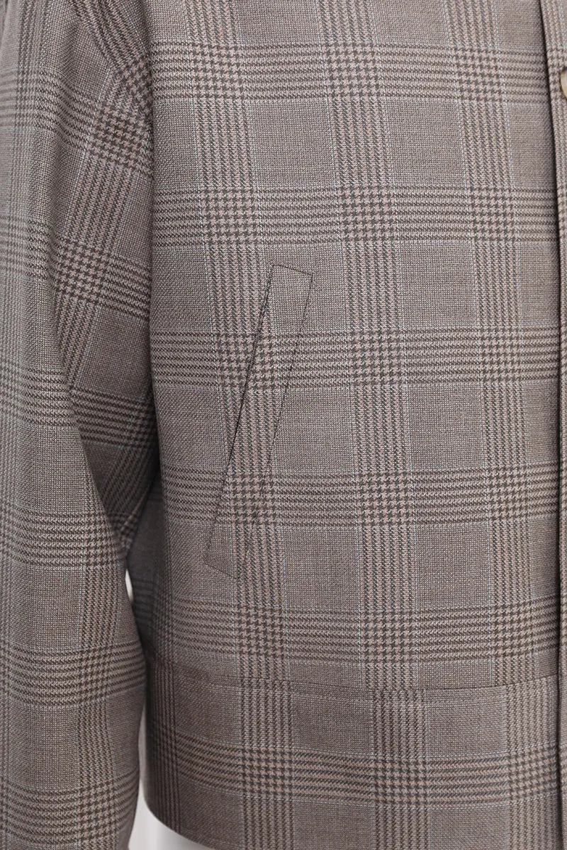 Giovanni Coffee Plaid  Italian 130s Fabric Mandarin Collar Jacket